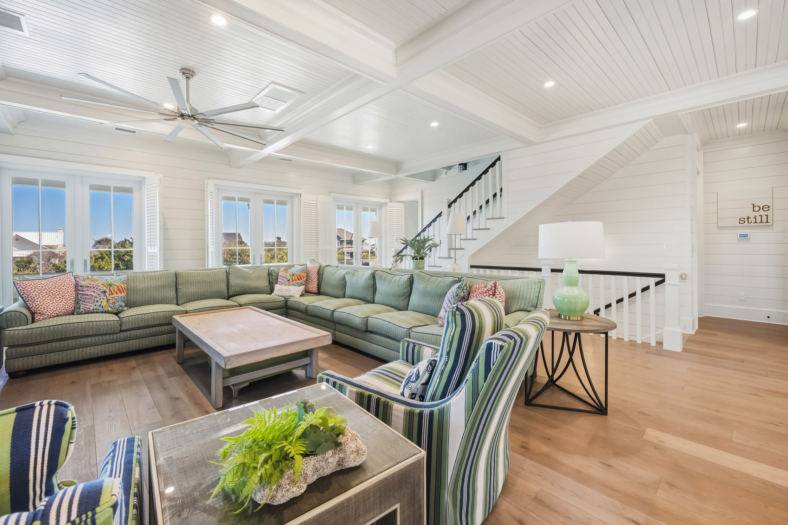 Engineered hardwood floor within a family room