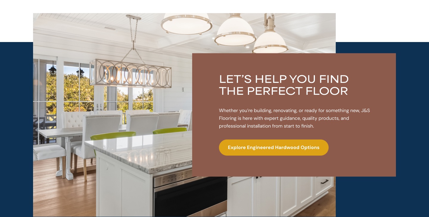 Coastal kitchen interior with engineered hardwood flooring