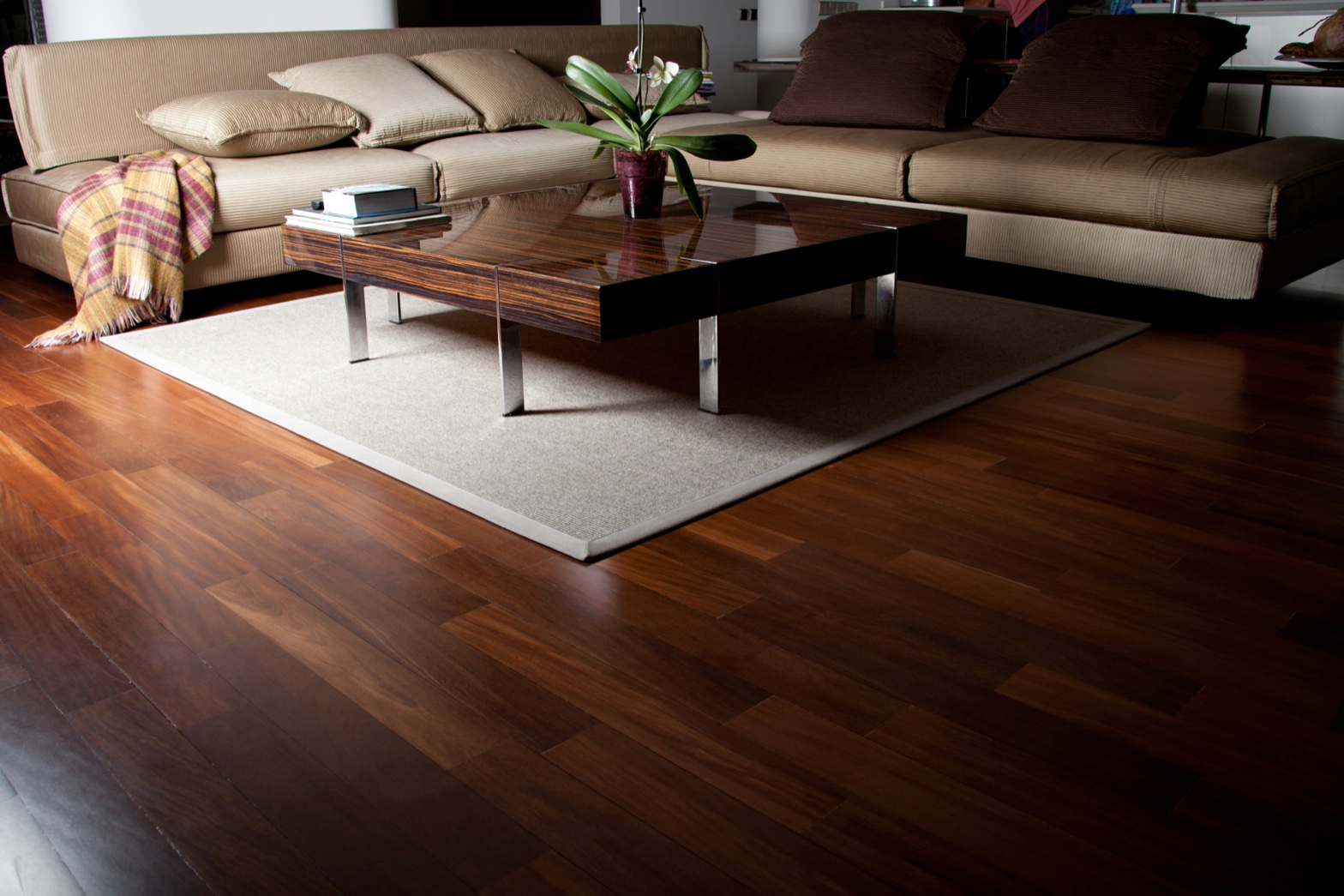 Modern living space with tile and hardwood detail