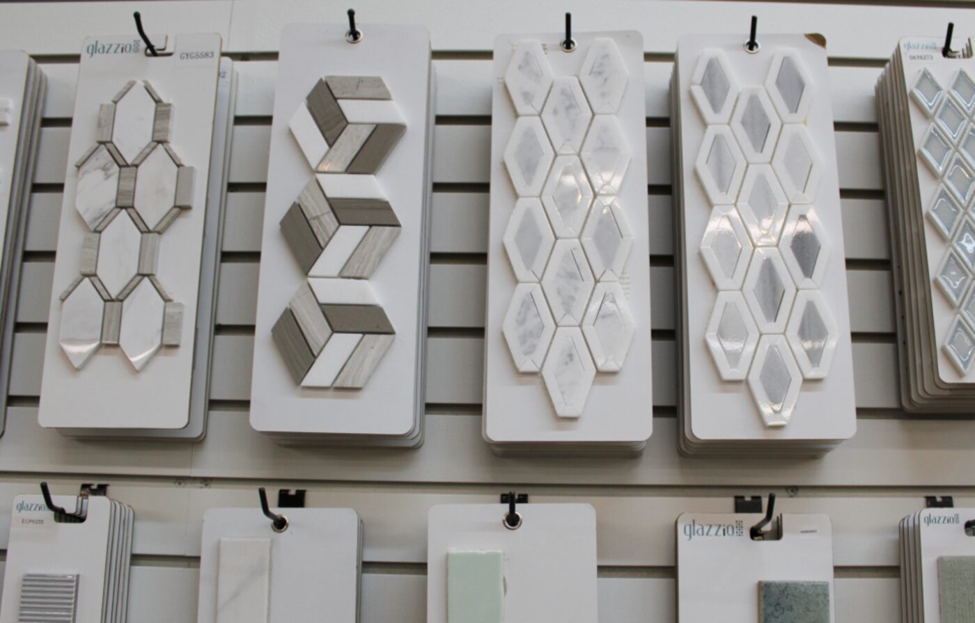 Decorative tile panels mounted on showroom wall